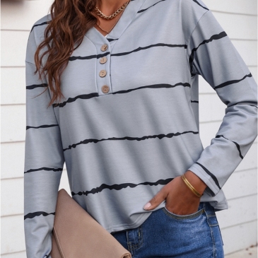 Casual Striped V Neck Long Sleeve T Shirt
