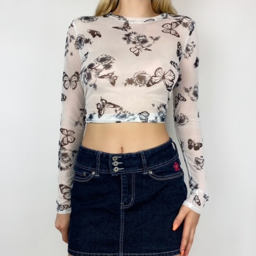 Chic Butterfly Print Cropped Gauze T Shirt