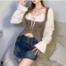 4Contrast Color Fitted Flare Sleeve Ruched T Shirt