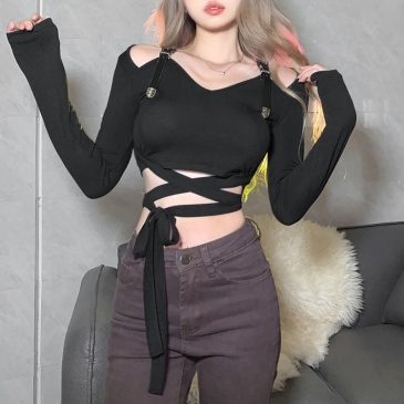 Designer Black Patchwork Tie Wrap l0ng Sleeve Women Tops