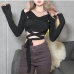 1Designer Black Patchwork Tie Wrap l0ng Sleeve Women Tops