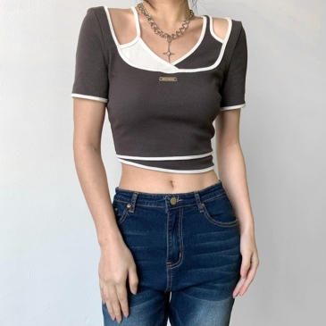 Designer Patchwork Short Sleeve Fitted Cropped Tops