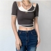 1Designer Patchwork Short Sleeve Fitted Cropped Tops