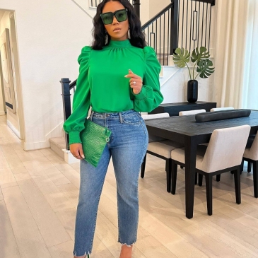 Green Stand Neck Puff Sleeve Top
