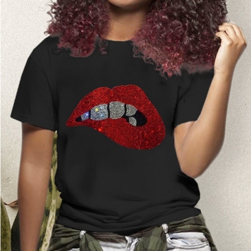 Lip Hot Drilling Black Tee Shirts For Women