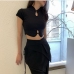 6Patchwork Stand Collar Short Sleeve Cropped top