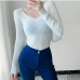 5Plain V Neck Stretchable Long Sleeve Knitted Top