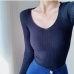 1Plain V Neck Stretchable Long Sleeve Knitted Top