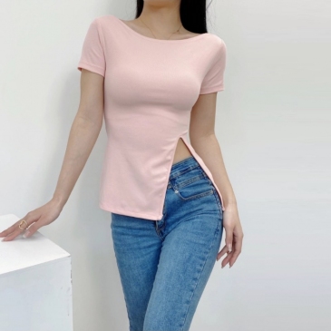 Pure Color Side Slit Fitted Short Sleeve T-Shirt