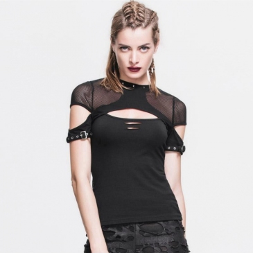 Rivets Lace  Cut Out Black Sexy Ladies Tops