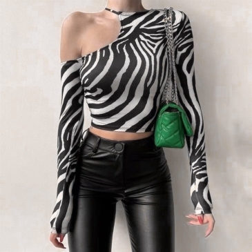 Sexy Animal Pattern One Shoulder Long Sleeve Top