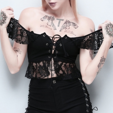 Sexy Black Lace Off Shoulder Short Sleeve Tops