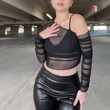Sexy Sheer Inclined Shoulder 2 Piece Top Sets