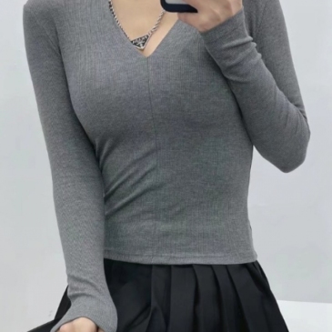 Sexy V Neck Solid Long Sleeve T Shirt