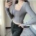 1Solid Inclined Shoulder Long Sleeve Tee For Women