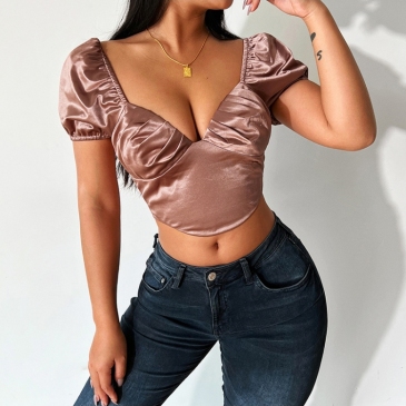 Solid Satin Low Cut Short Sleeve Cropped Top