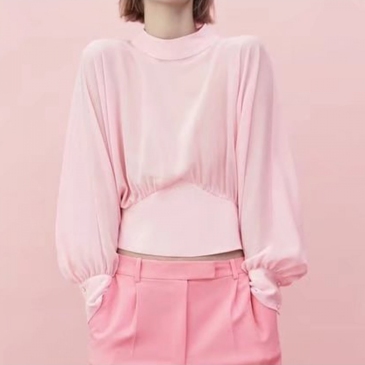 Spring Fashion Pink Lantern Sleeve Top