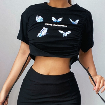 Street Butterfly Print Drawstring Cropped T Shirt