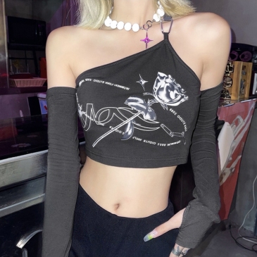 Streetwear Printed Inclined Shoulder Long Sleeve Cropped Top