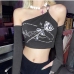 1Streetwear Printed Inclined Shoulder Long Sleeve Cropped Top