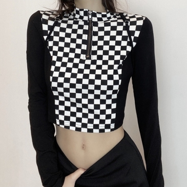 Stylish Checkerboard Plaid Half Zip Women's Tops