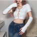 1Stylish White Hollow Out V-Neck Crop Top Ladies