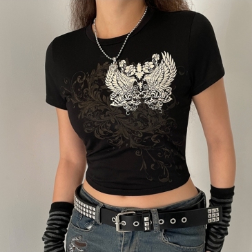 Summer Black Printed Fitted Women T Shirts