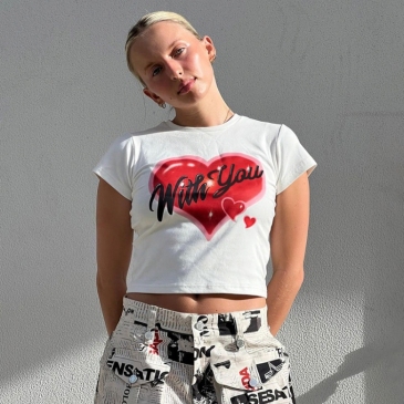Summer White Heart Printed Cropped T Shirt Tops