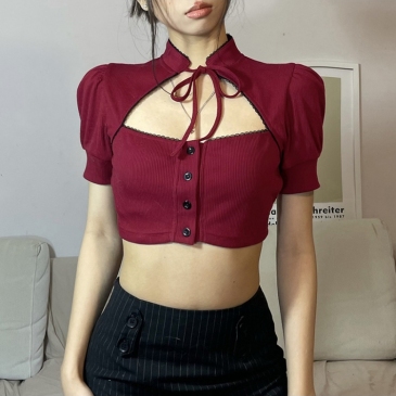Trendy Fitted Hollow Out Puff Sleeve Crop Tops