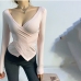 3Trendy Solid Criss Cross V Neck Fitted Tees