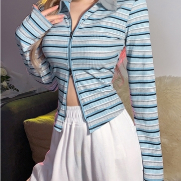 Trendy Turndown Collar Striped Zipper Up T Shirts