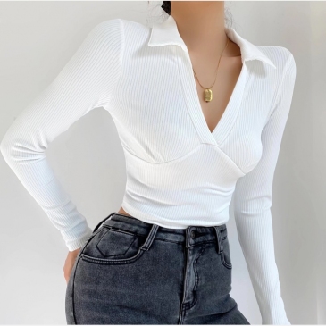 Turndown Collar Long Sleeve Cropped Top