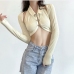 4Turndown Collar Plain Long Sleee Crop Top Set