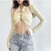 1Turndown Collar Plain Long Sleee Crop Top Set