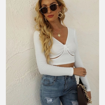 Twist Knot Long Sleeve Hollow Out Cropped Top