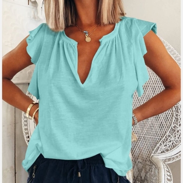 V Neck Solid Ruffled Ladies Tee Shirts