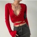 3V Neck Tie Wrap Long Sleeve Knitting T Shirt