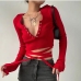 5V Neck Tie Wrap Long Sleeve Knitting T Shirt