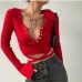 6V Neck Tie Wrap Long Sleeve Knitting T Shirt