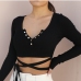 7V Neck Tie Wrap Long Sleeve Knitting T Shirt