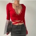 1V Neck Tie Wrap Long Sleeve Knitting T Shirt