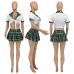 4 Sexy Plaid Short Sleeve Two Piece Skirt Sets