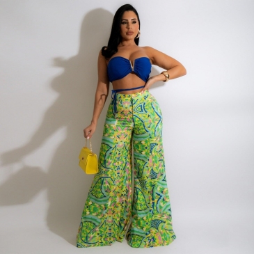  Sexy Printed Strapless Crop Top Wide Leg Pant Set