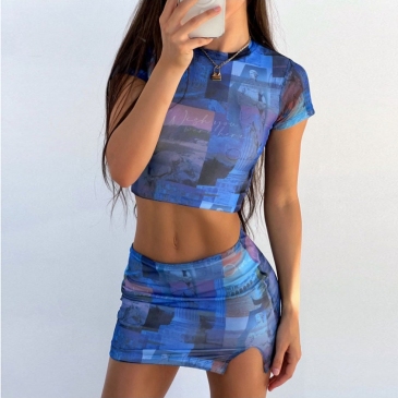  Sexy Printing  Cropped Short Sleeve Skirt Sets