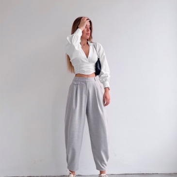 Casual Gray Women Pant And Long Sleeve Set
