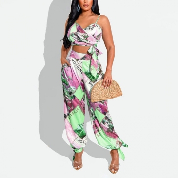 Casual Print Camisole With Harem Long Pants