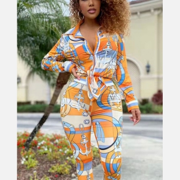 Color Blocking Printed Long Sleeve Two Piece Set