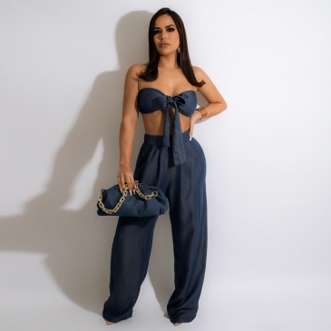 Denim Matching Cropped Top And Loose Trouser Sets