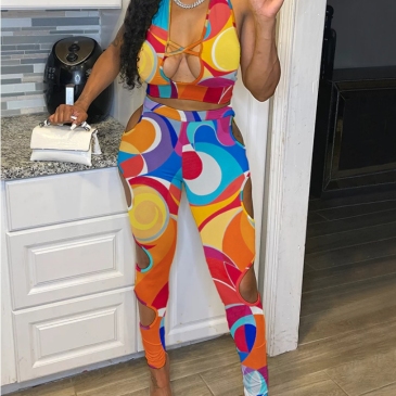 Euro Style Multicolored Halter Cropped Top And Pant Sets