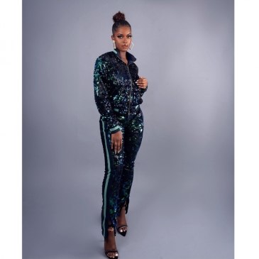 Fashion Sequined Long Sleeve 2 Piece Pant Set